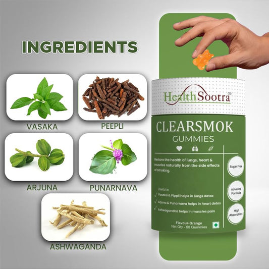 Clearsmok Gummies - Unique Formulation Recover From Smoking Side effect on Heart , Lungs & Muscles| Sugar-Free Orange Flavor | Vasaka, Peepli, Arjuna, Punarnava, Ashwagandha | Advanced Formula | 60 Gummies Pack | Complete Detox