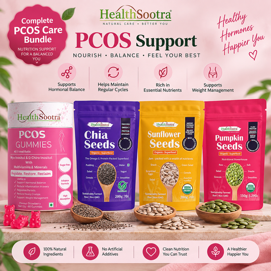 HealthSootra Complete PCOS Wellness Bundle – PCOS Gummies + Organic Chia, Pumpkin & Sunflower Seeds.