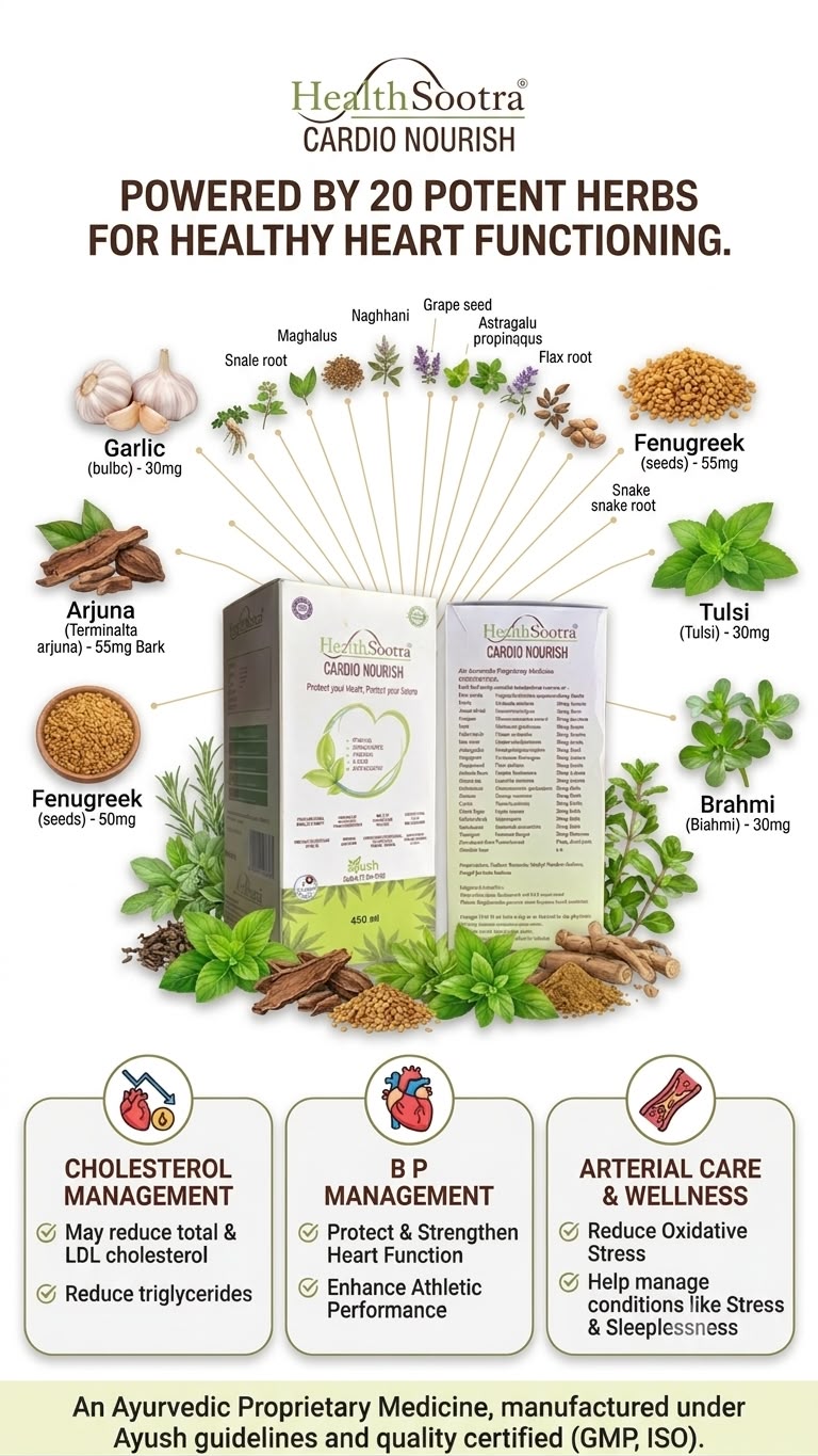 Cardio Nourish Sugar-Free Ayurvedic Juice with Goodness Of Garlic Fenugreek Arjuna Tulsi Artichok Brahmi & Many More, Manage Cholesterol BP & Clean Artery 450ml