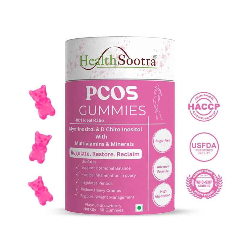 PCOS Gummies with Myo-Inositol & D-Chiro Inositol (40:1 Ratio) with Multivitamins & Minerals | Supports Hormonal Balance & Regular Cycles (60 Gummies - Strawberry Flavor)).