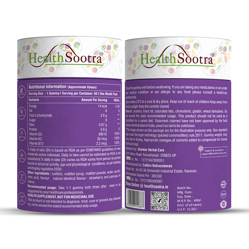 Vitamin D3 + K2 + B12 Gummies | Sugar-Free, High Absorption for Bone & Heart Health (60 Gummies) Strawberry Flavor