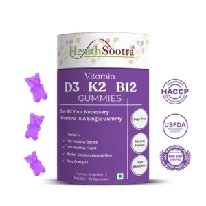 Healthsootra Vitamin D3 K2 B12 Gummies – Sugar-Free | High Absorption | Doctor Recommended | Daily Bones health, Heart & Energy Support – 60 Gummies (Strawberry Flavour)